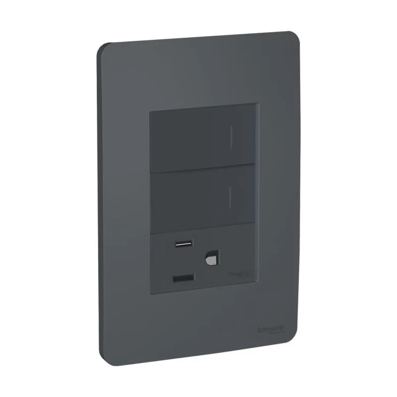 Placa armada con 2 interruptores y contacto 2P+T Grafito Orión