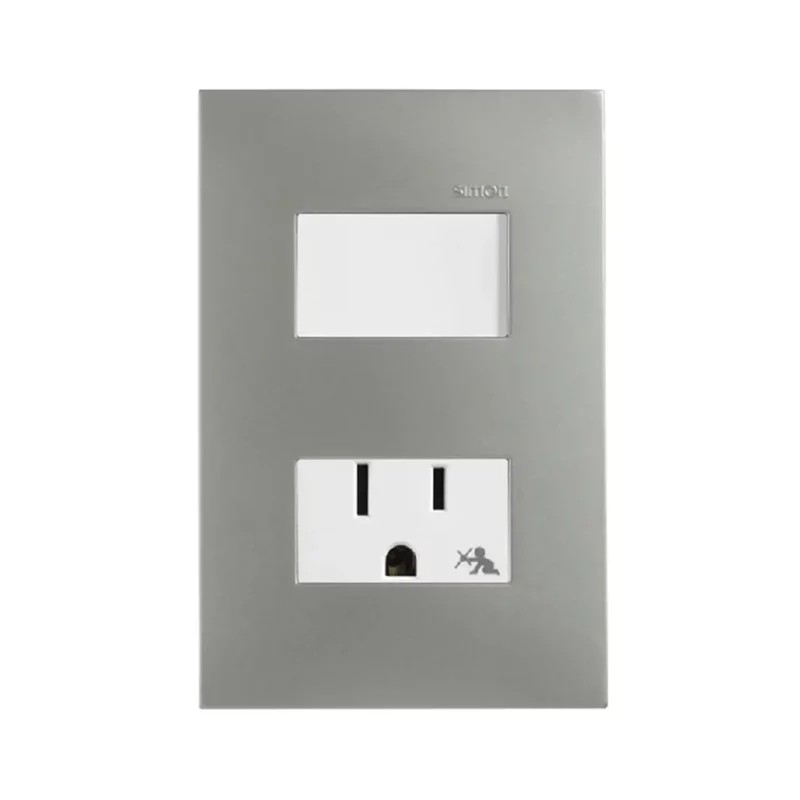 Placa con interruptor y contacto 2P+T Aluminio Mate Serie 25 Simon