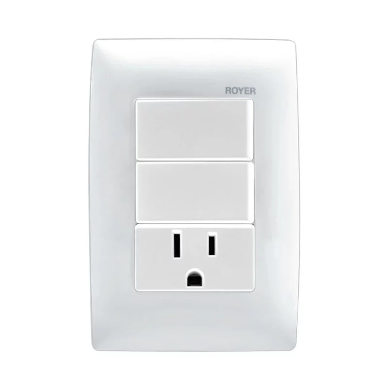 Placa armada con 2 Interruptores y contacto 2P+T Blanco Royer 100 Eaton