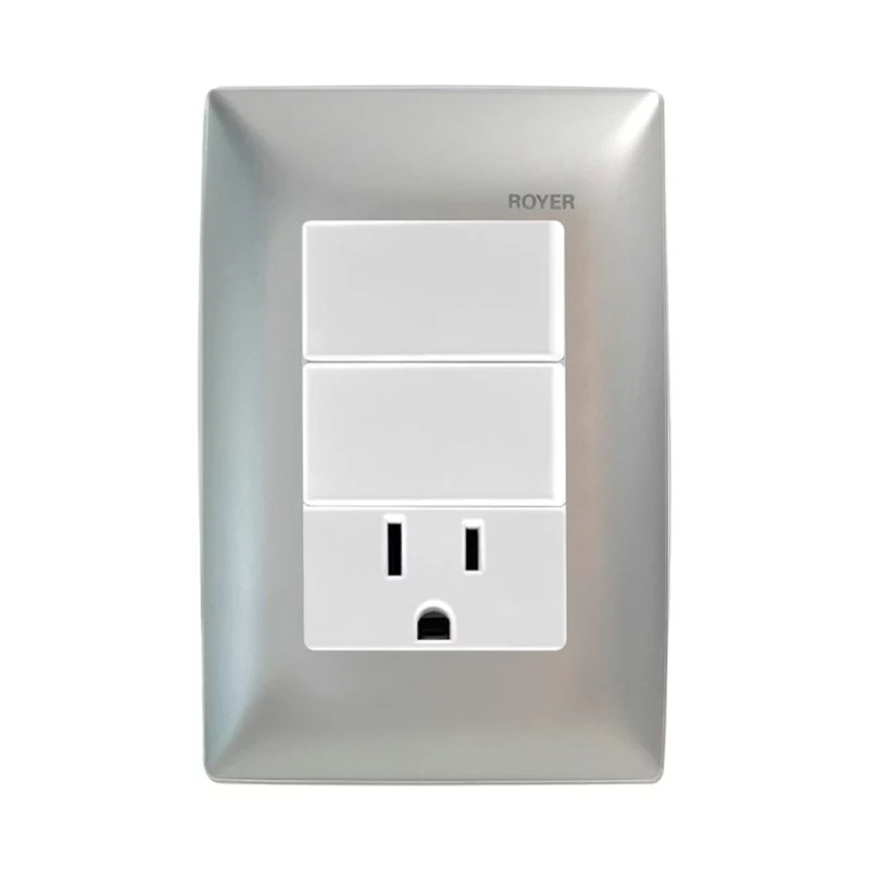 Placa armada con 2 Interruptores y contacto 2P+T Plata Royer 100 Eaton